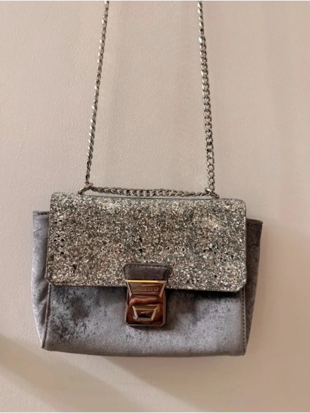Lancaster Silver Glitter Flap Crossbody Bag with Chain Strap